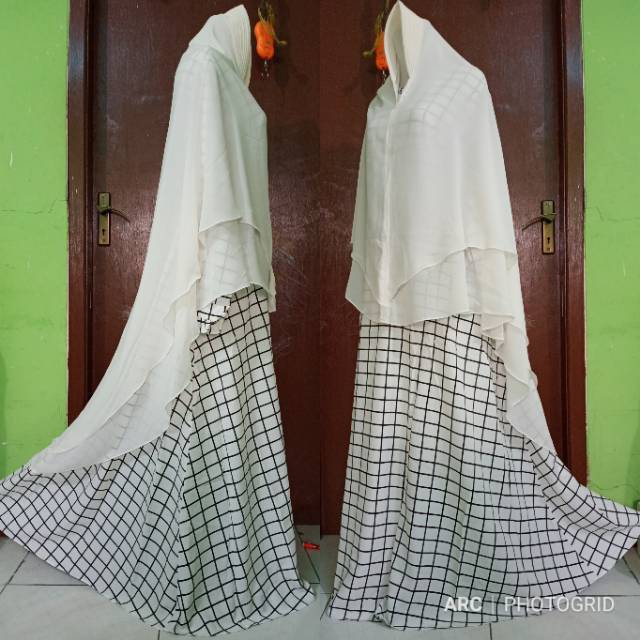 ( LD 118 - 120) GAMIS JUMBO XXL SYARI PUTIH KOTAK SET JILBAB BERGO INSTAN CERUTY TERBARU