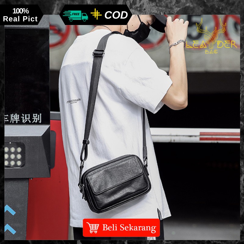 Tas Selempang Kulit Cowok Import Original Distro Keren Model Terbaru 2021 Warna Hitam Berkualitas