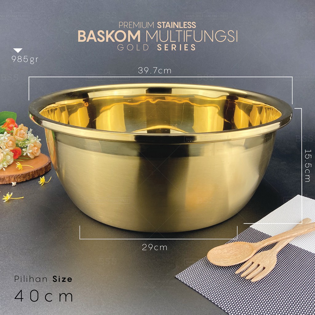 Baskom Wadah Stainless Gold 40cm tinggi tebal Warna Emas Multi Fungsi Tempat Sayur Daging Makanan