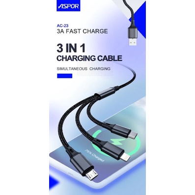 cabledata fast charger cable 3in1 Aspor 3A aluminium alloy charging cable 1m