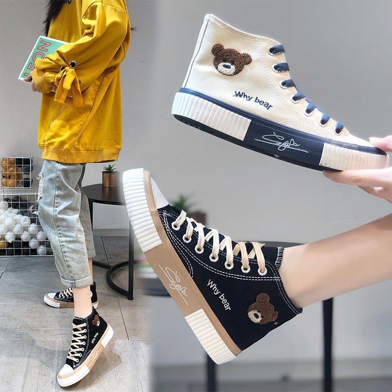 Sepatu Sneaker Canvas Wanita Bertali Model Teddy Bear IMPORT