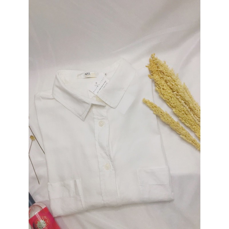 Daebak My Style Atasan Kemeja Wanita Putih Azul Basic Import Lengan Panjang