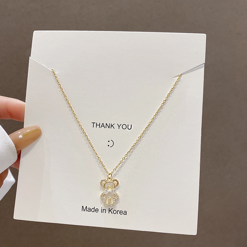 Fashion Necklace Jewelry Newest Alloy Gold Zircon Bowknot Rhinestone Bear Pendant Necklace