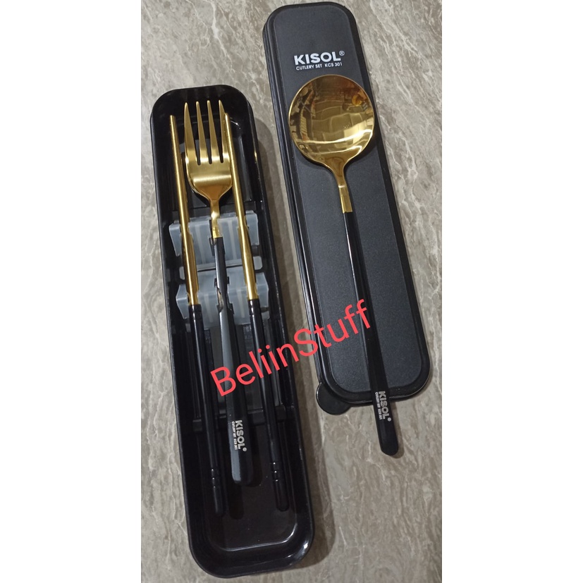 KISOL Cutrely Set KCS 301/ 1 set Alat Makan - Stainless Steel Set Peralatan Makan 3PCS Sendok, Garpu dan Sumpit Food Grade