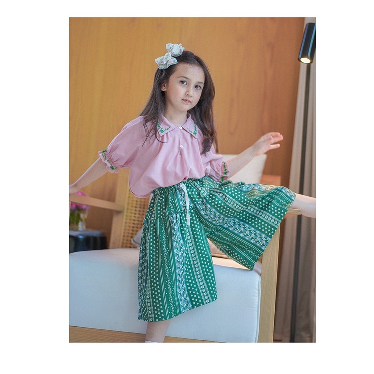 Baju Setelan Anak perempuan Korea Style Import Motif Blus Pink Kulot Hijo