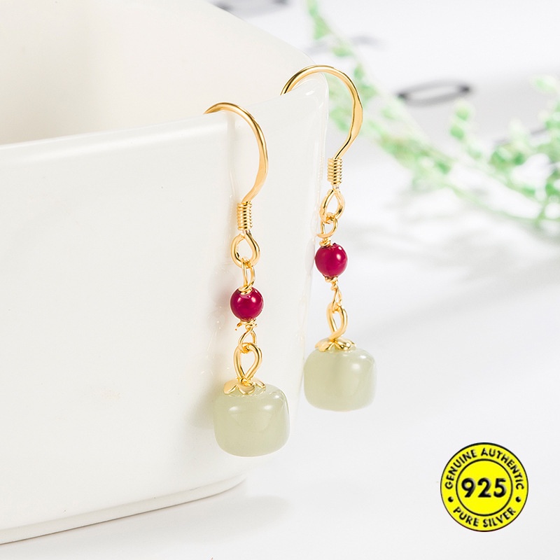 Anting Kait Gantung Sterling Silver Hias Mutiara + Giok Merah Gaya Retro / Mewah High Grade Untuk Wanita