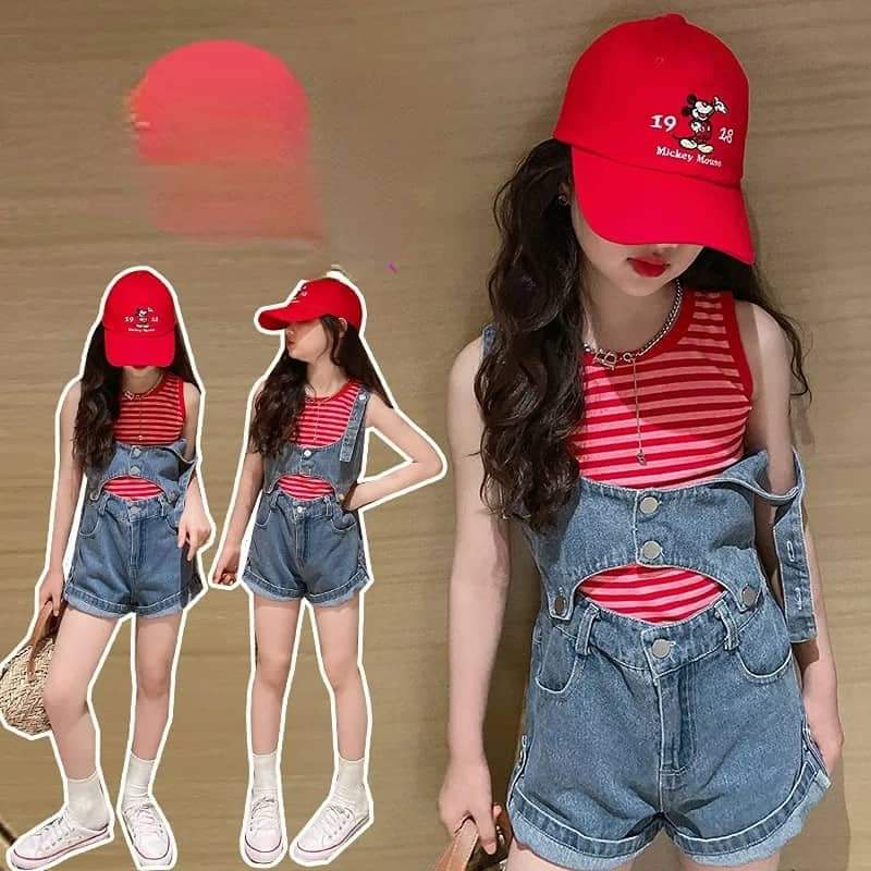 Setelan Anak Perempuan Super Fashionable Jeans Stripe Red