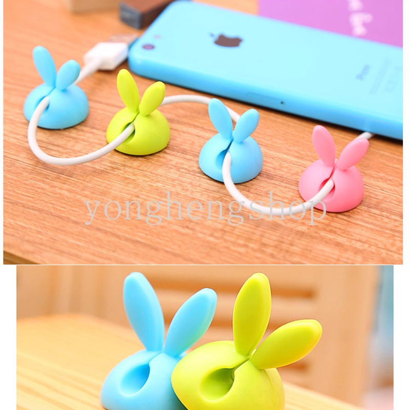 4pcs / set Klip Organizer Kabel Data / Charger / Earphone Bentuk Telinga Kelinci Lucu Untuk Meja Kantor