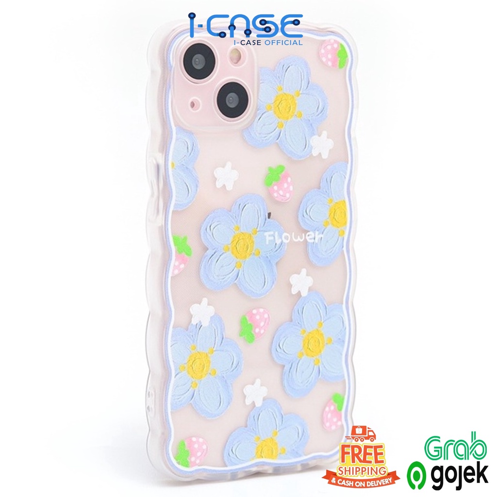 Soft Case Strawberry With Blue Flowers Wavy Side Full Lens Cover For iPhone 7 8 PLUS XR X XS MAX 11 12 13 MINI PROMAX