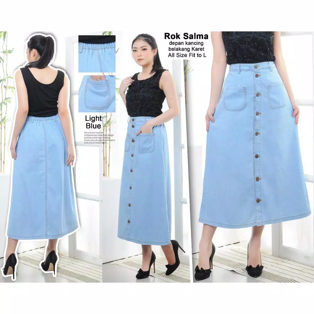 ROK SALMA BLUE BAHAN JEANS WASHED TO FIT L DEPAN KSNCING BELAKANG KARET