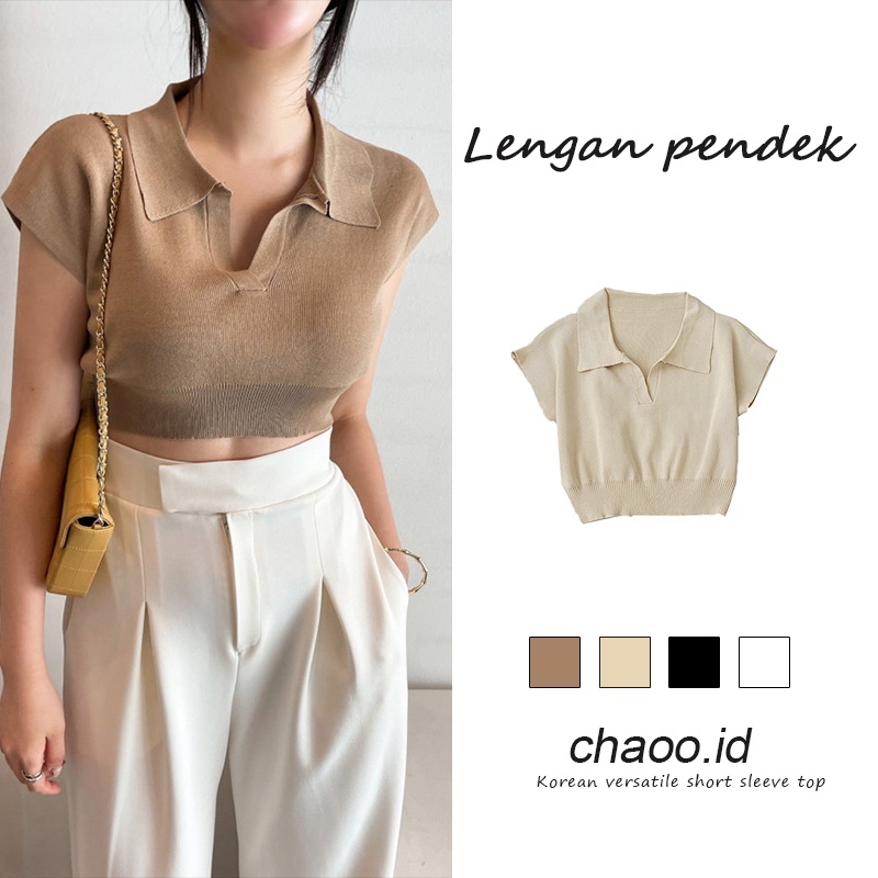 [chaoo.id]Kemeja Rajut Lengan Pendek Wanita Atasan Polo Tee Rajut Atasan V-nack/kaos rajut lengan pendek wanita knit polo T-shirt Crop Top V-nack Atasan/tasan Wanita Crop Top Import Rajut Kaos Wanita Import Premium