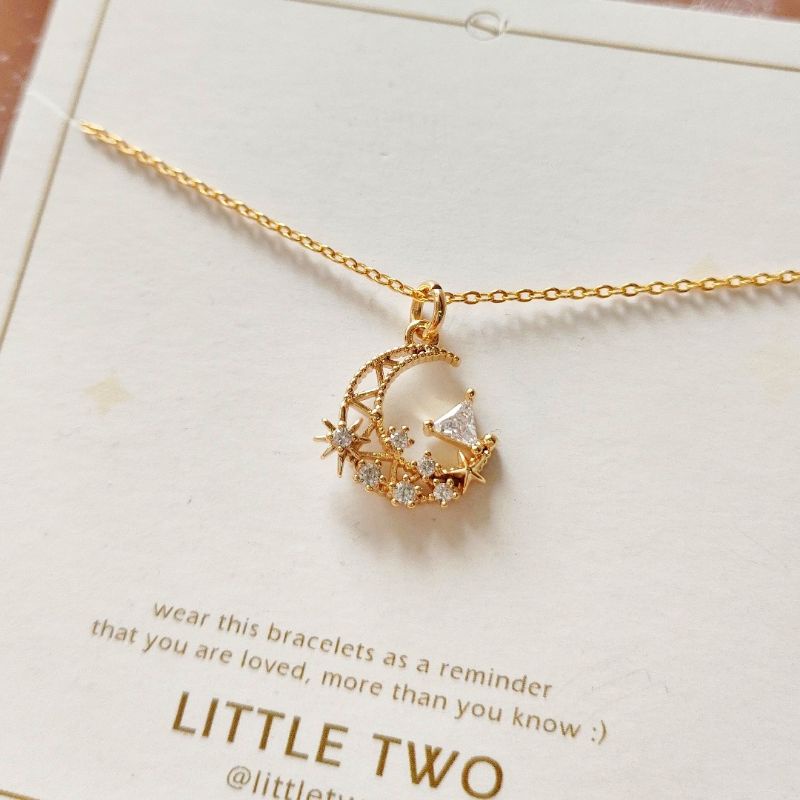 LITTLE TWO Kalung Wanita 925 Sterling Silver liontin MOON Lapis Emas 18K