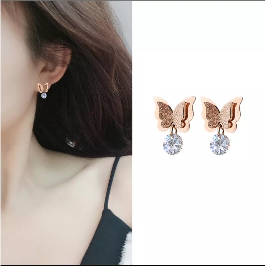 Anting Tusuk Titanium Kupu-Kupu Diamond Gantung Tersedia Warna Rosegold, Gold dan Silver