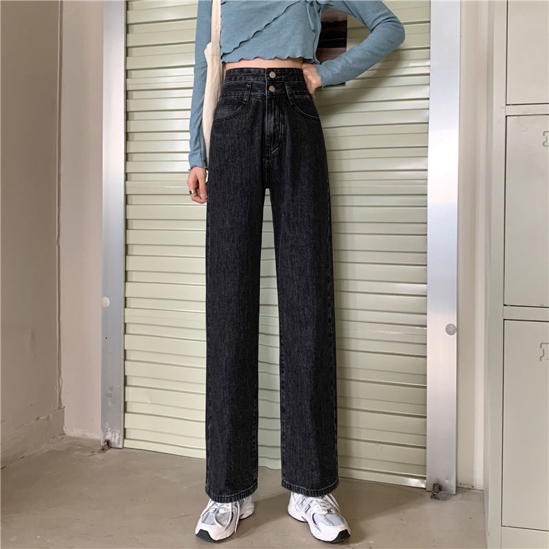 ✅COD JEANS HIGHWAIST PANTS  DENIM BLACK/BLUE/BLUE-BLACK LOOSE KOREA （Two Buttons）