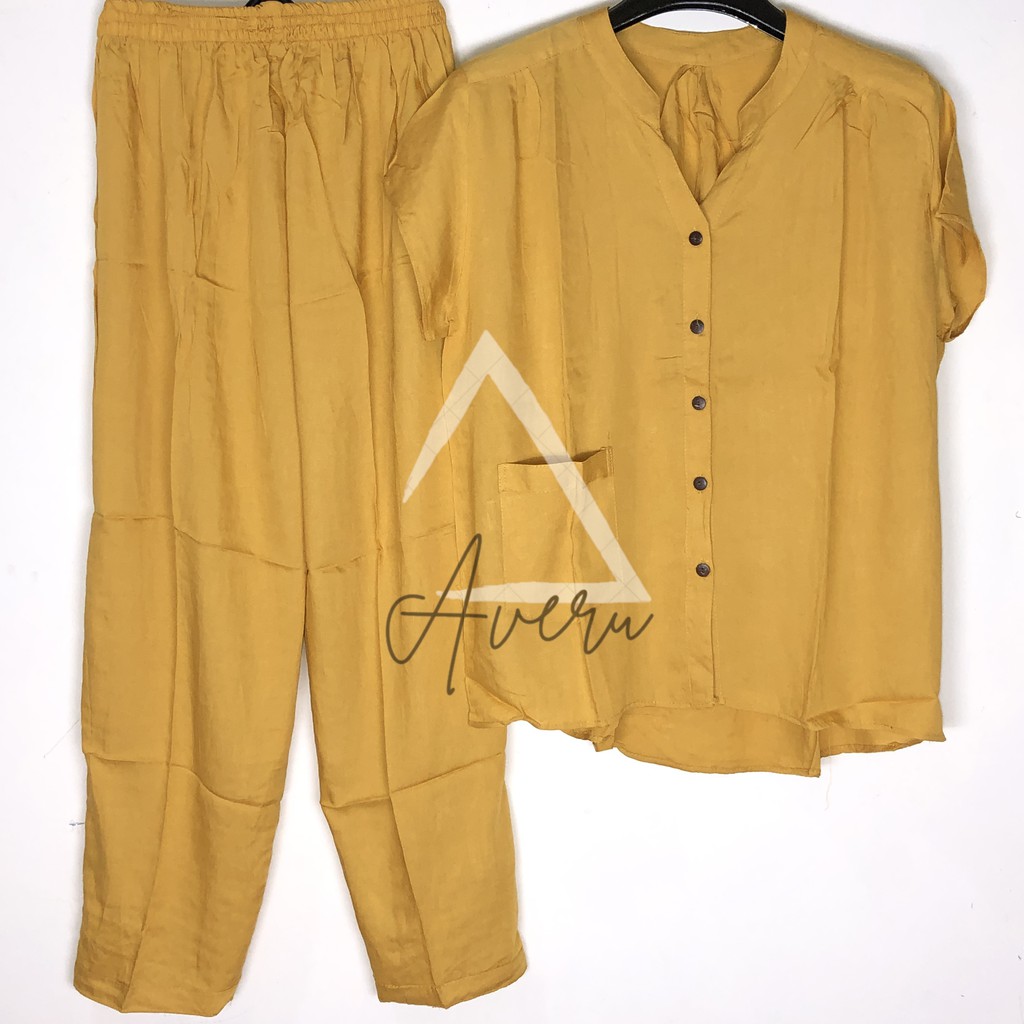 JUMBO Baju Tidur Wanita Piyama Setelan Rayon CP Celana Panjang - Polos-Yellow