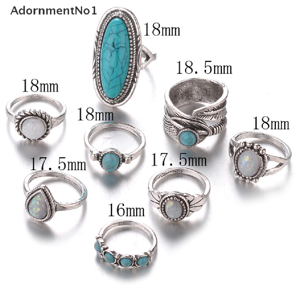 (AdornmentNo1) 8pcs / Set Cincin Silver Gaya Bohemian Aksen Batu Opal Turquoise Untuk Perhiasan Wanita