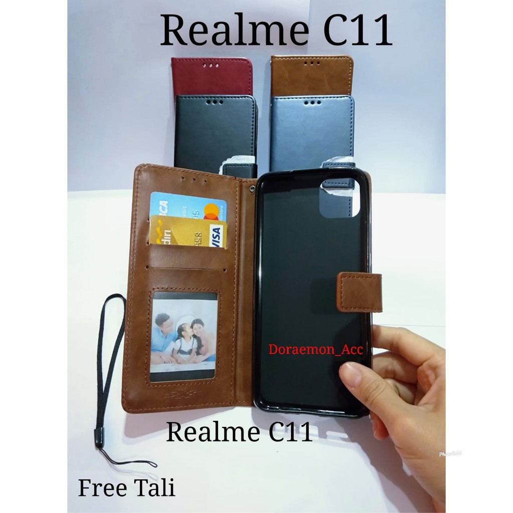 Leather Flip Cover Realme C11 - Wallet Casing - Sarung Kulit Dompet