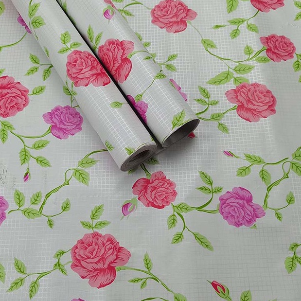 Wallpaper Dinding Motif Bunga Pink Hijau Ukuran Panjang 10Meter x Lebar 45CM