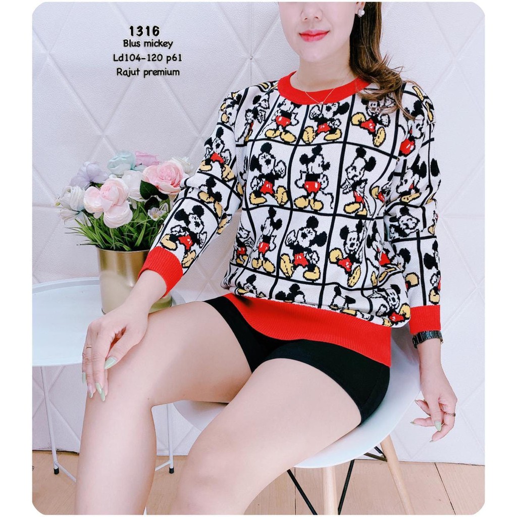 ATASAN SWEATER PREMIUM IMPORT KAOS RAJUT WANITA MOTIF MICKEY LENGAN PANJANG SWEATER MURAH 1316