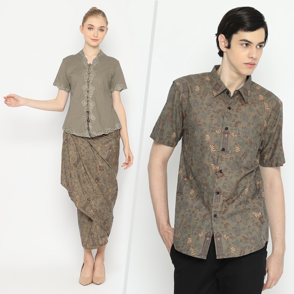 BATIK COUPLE MODERN Kemeja Rok Lilit Instan Batik Pria Lengan Pendek Premium Motif Jam Gadang Hijau Abu 721066 CAP 72