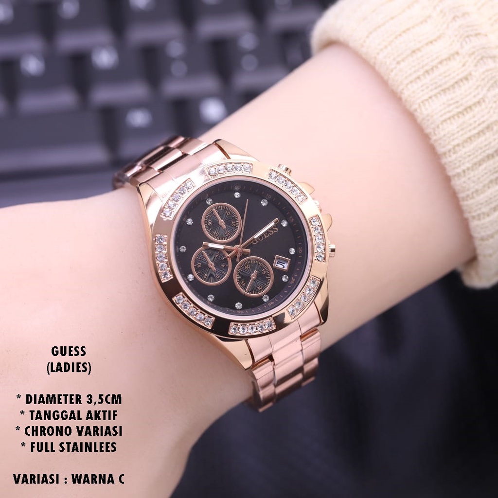 (BISA COD) JAM TANGAN WANITA GUESS RANTAI BODY BULAT TANGGAL AKTIF CHRONO OFF