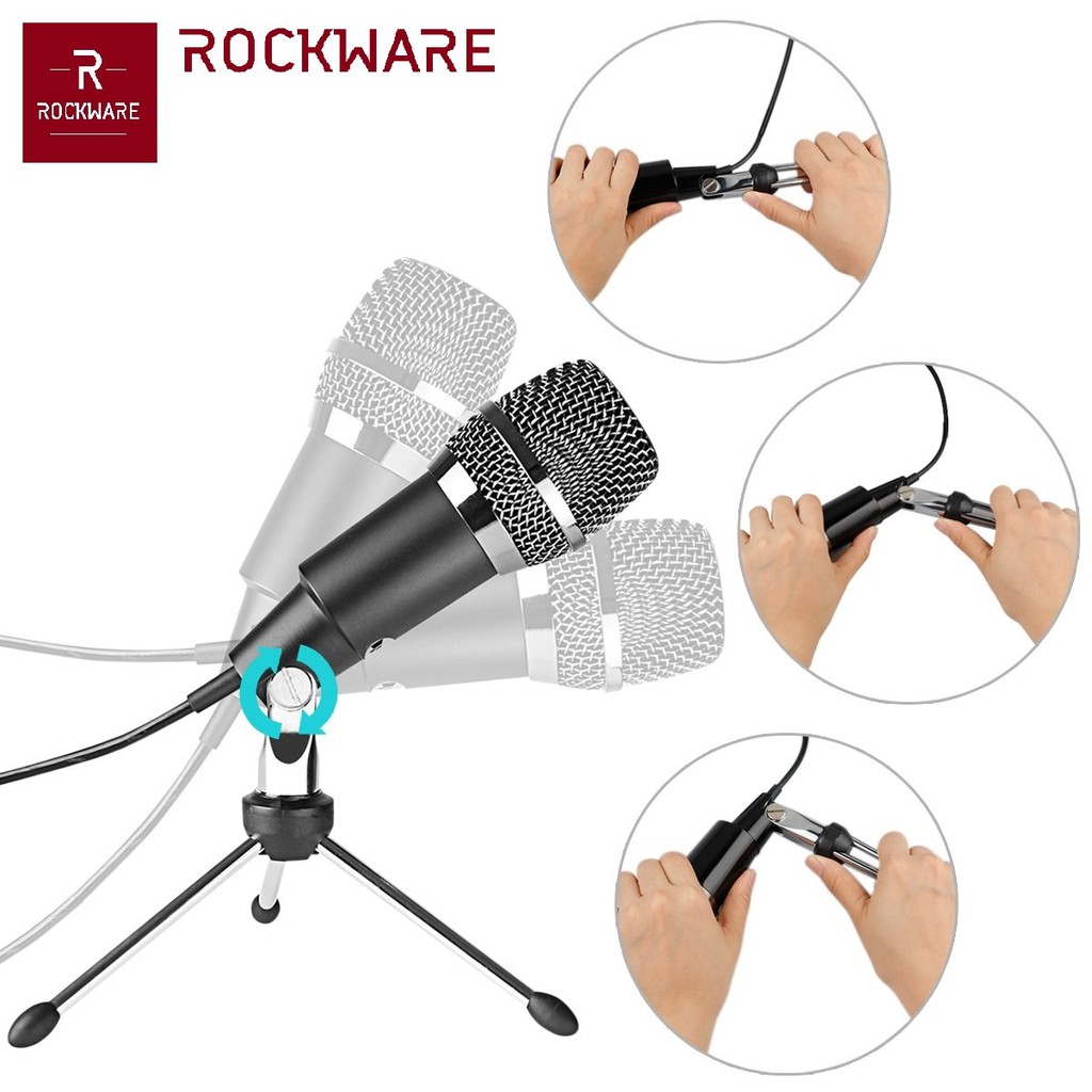 ROCKWARE Professional Condenser Microphone 3.5mm with Mini Tripod - Mikrofon Universal PC/Laptop