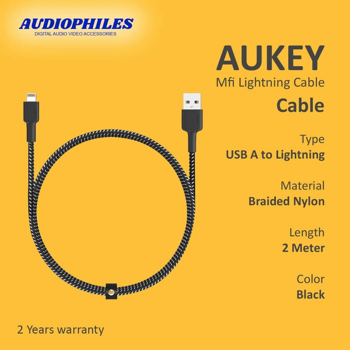 Aukey Braided Nylon MFI Lightning Data Cable - 2 meter