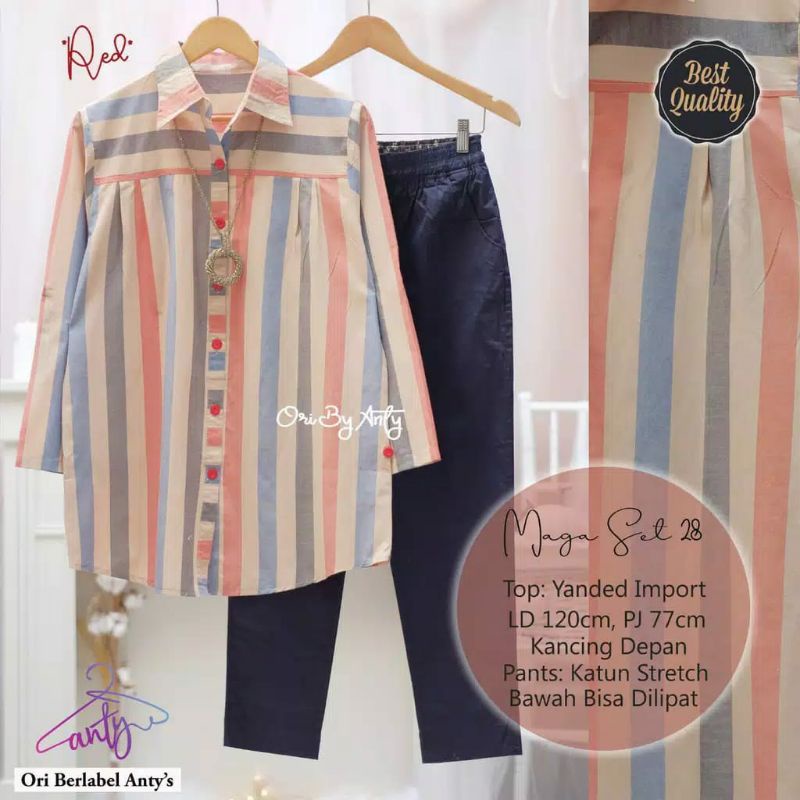 Magaset28SetelanSetKemejaCelanaKatunImporMelarStretchCantikKerenGarisJumboBigsizePremiumMurah