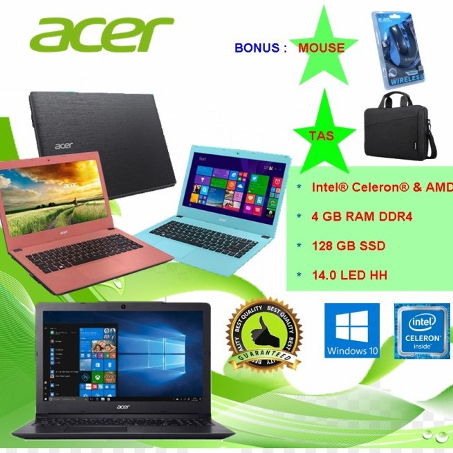 LAPTOP ACER NEW GARANSI 1 TAHUN RAM 4GB SSD 128GB 14&quot; WIN10 RESMI