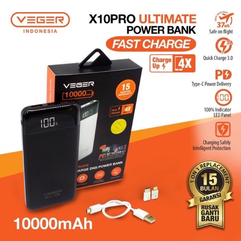 power bank VEGER X10pro ultimate 10.000 MAH fast chager 3.0.amper