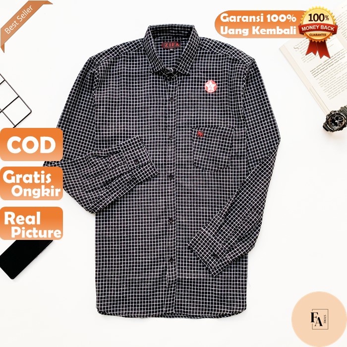 ZIFA Kemeja Hem Atasan Pria Flanel Kotak Kotak Kecil Hitam Putih Pria Cowok Cowo Laki Laki Lengan Pa