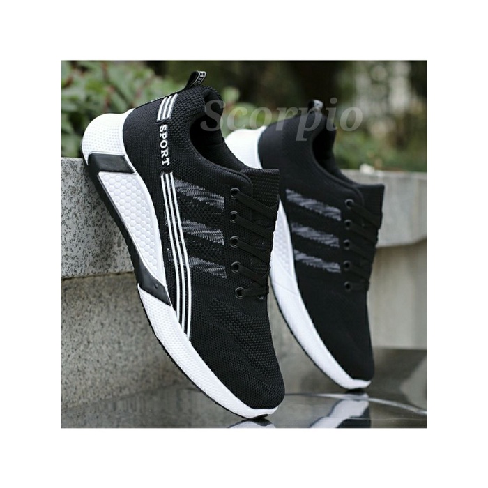 SEPATU OLAHRAGA LARI PRIA COWOK COWO WARNA HITAM PUTIH TS020