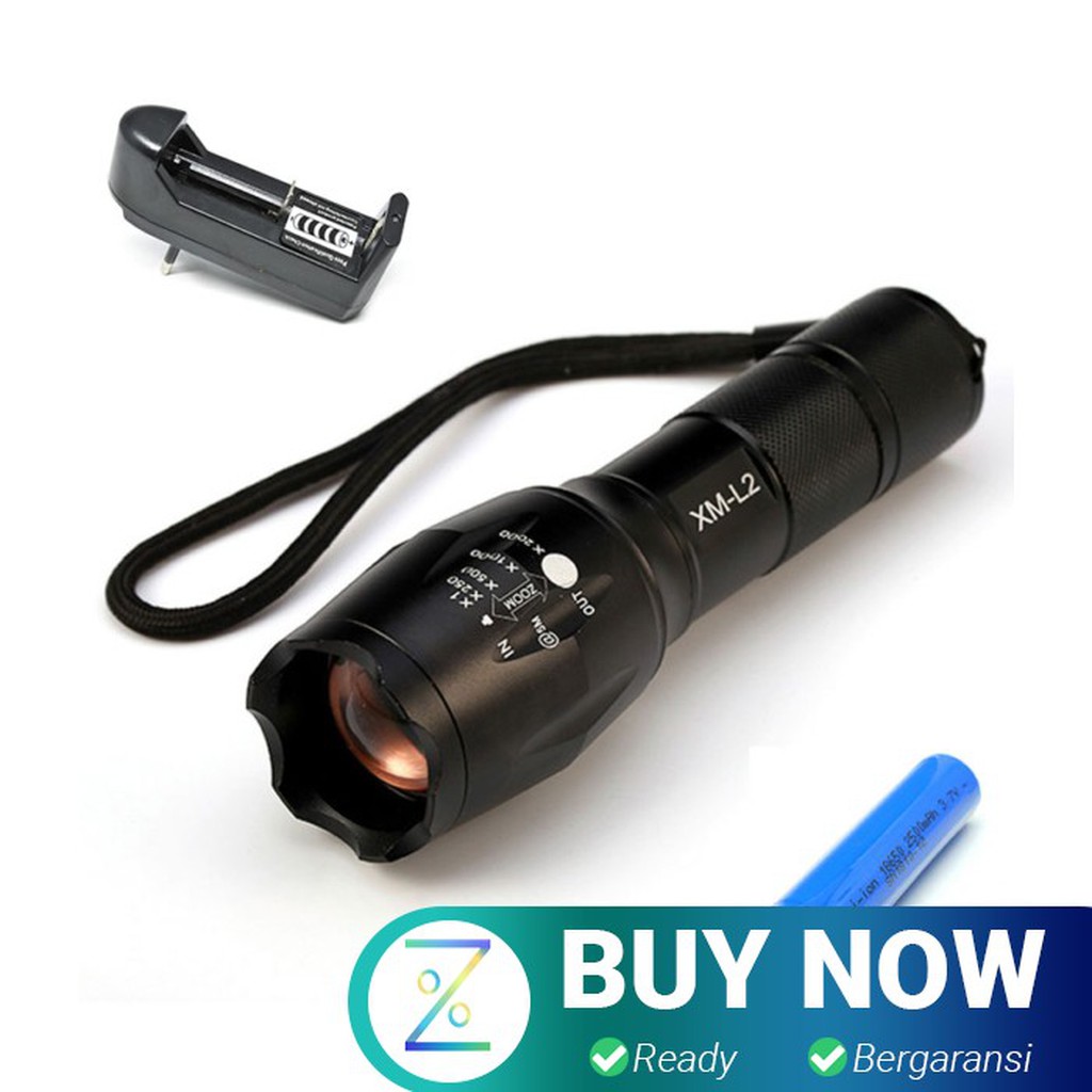 TaffLED Paket Tactical Flashlight Cree XM-L2 8000 Lumens + Baterai 186