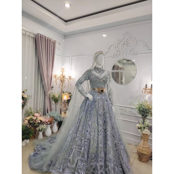 BAJU PENGANTIN BALLGOWN JUBAH VEIL WARNA BLUE SAGE UKURAN ALL SIZE TO L