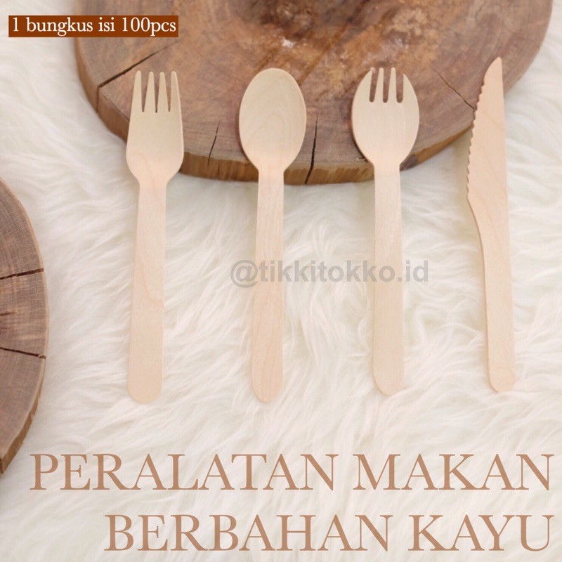 (100pcs) Spork Kayu Sendok Kayu Garpu Kayu Pisau Kayu