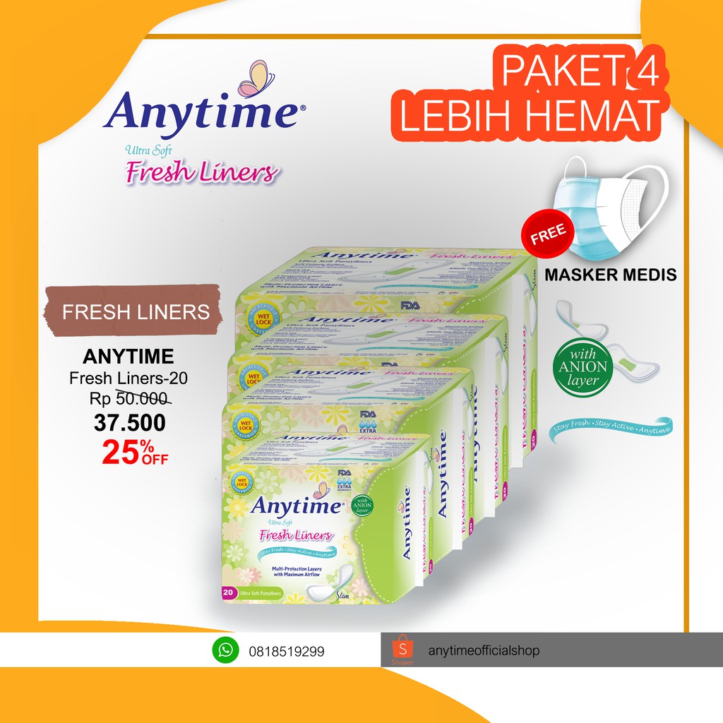 

Anytime Pantyliners / Anion Freshliners Isi 80 Pad - Paket 4