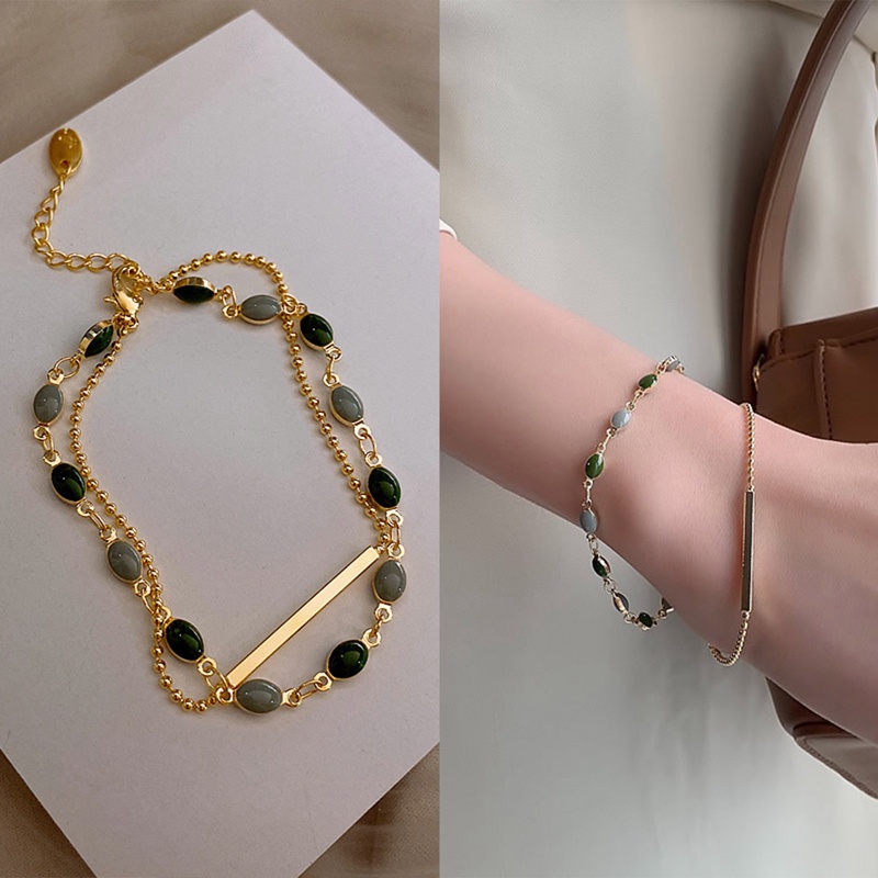 Perhiasan Gelang Kristal Hijau Oval Bahan Logam Ganda Gaya Retro Perancis Untuk Wanita 2020
