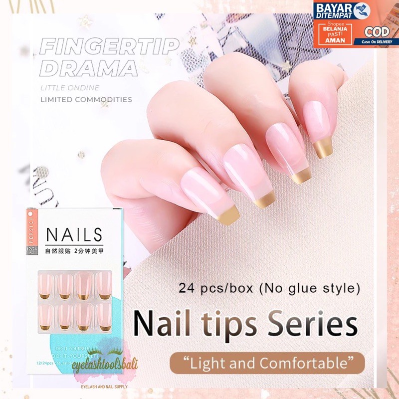 KUKU PALSU 24PCS FRENCH DENGAN LEM FALSE NAIL TIPS CUTE MOTIF MULTI DESIGN GLOSSY OVAL PENDEK