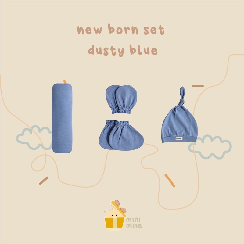 Minimine - New Born Set New Color ( Swaddle + Knot Hat + Mitten and Botties ) berisi bedong, topi, dan sarung tangan dan kaki bayi baru lahir-DUSTY BLUE