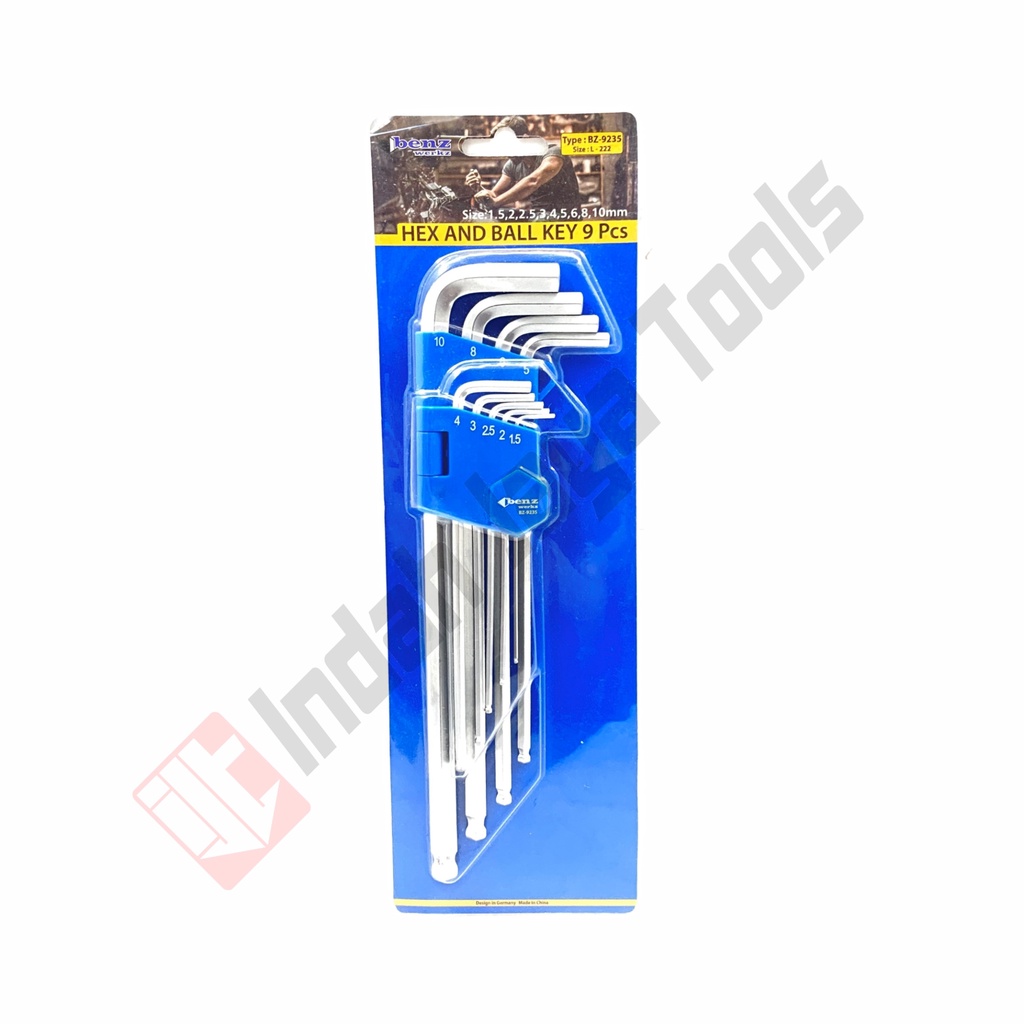 BENZ BZ-9235 Kunci L Set Ballpoint 9 Pcs EXTRA LONG 225 mm Hex Key Set