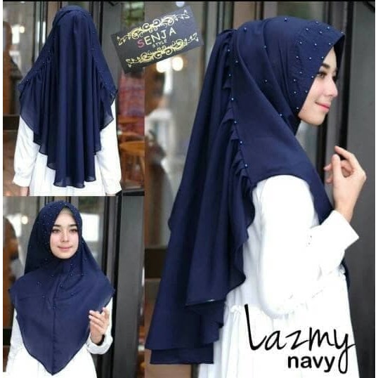 Hijab Kekinian Model Khimar Syar'i Lazmy Pearly Mutiara Tabur Softpad Antem Rempel Plisket Premium