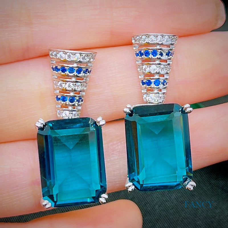 Anting Tusuk Gantung Panjang Klasik Vintage Desain Geometri Hias Zircon AAA Biru Untuk Wanita