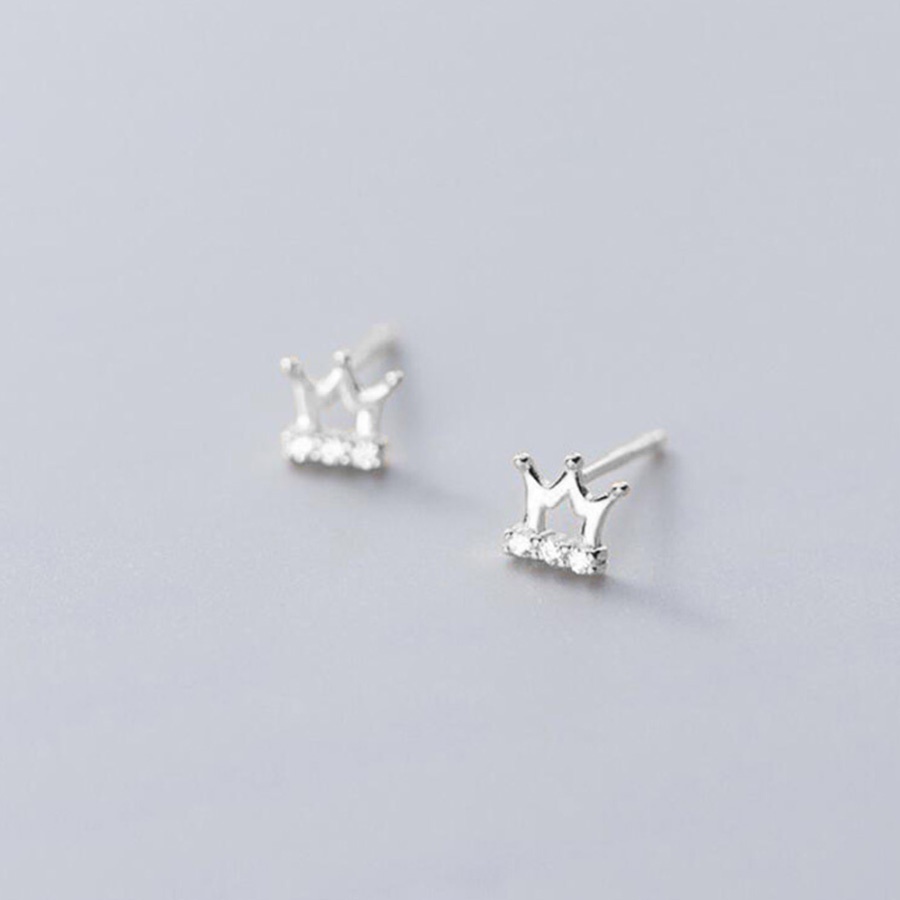 1 Pasang Anting Kristal Berlian Mahkota Sederhana Berlapis Emas S925 Sterling Perak Fashion Wanita Perhiasan Earring Stud-Silver