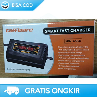 CHARGERAN AKI MOBIL WITH LCD ORIGINAL TAFFWARE 12V 6A CHIP ANTI KOSLET