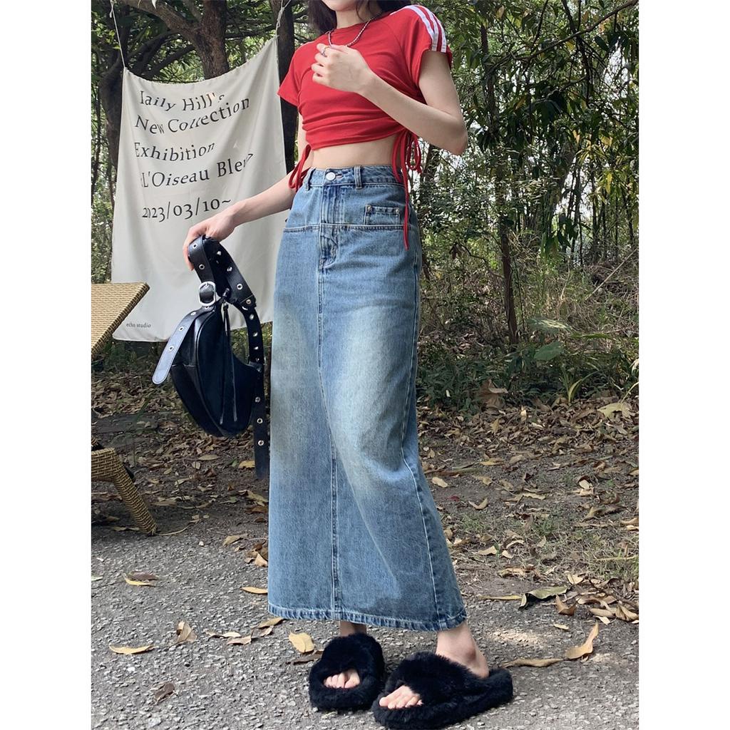 rok denim highwaist vintage washed rok a-line premium korean style rok vintage panjang