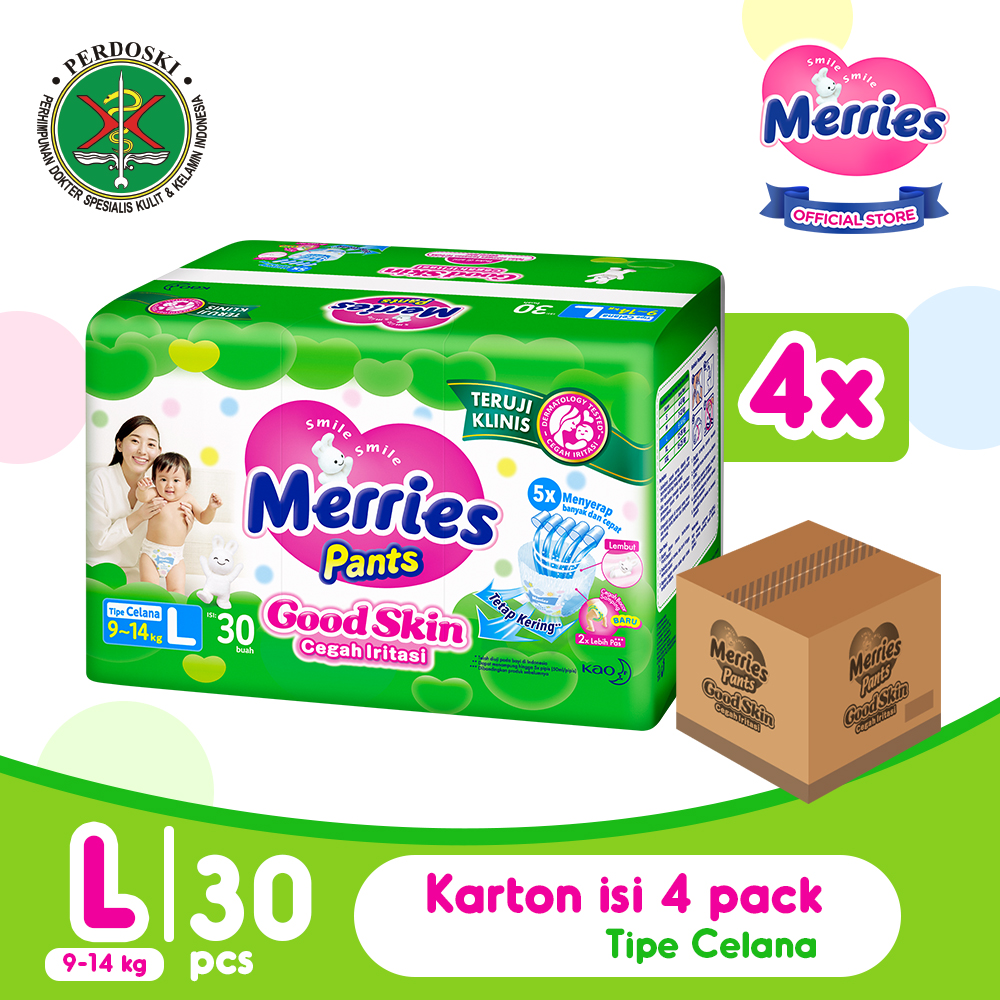 Merries Good Skin Pants Popok Perlengkapan Bayi L(9 - 14)kg Kurangi Risiko Alergi Pada Kulit Bayi Isi 28+2 Buah Carton