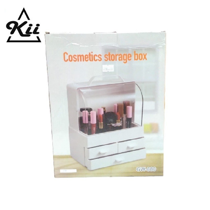 GW-880 Storage Box Rak Kosmetik Tutup Kaca Mika 3 Laci - Kotak MakeUp