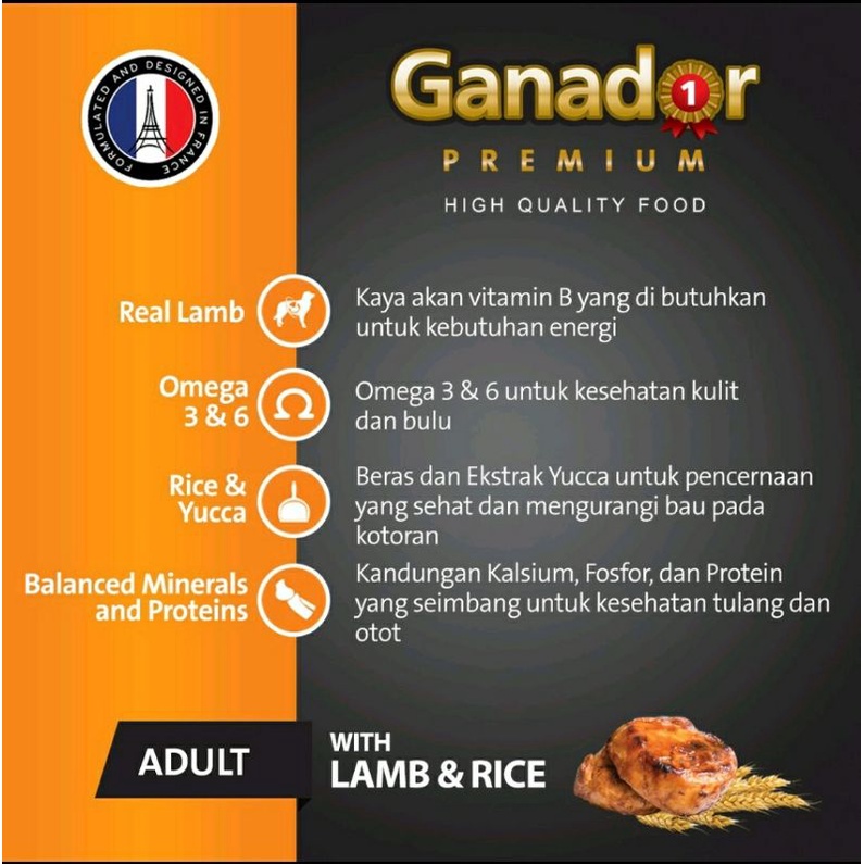 Ganador Premiun Adult With Lamb &amp; Rice Dog Food / Makanan Anjing Kering 400gr Freshpack