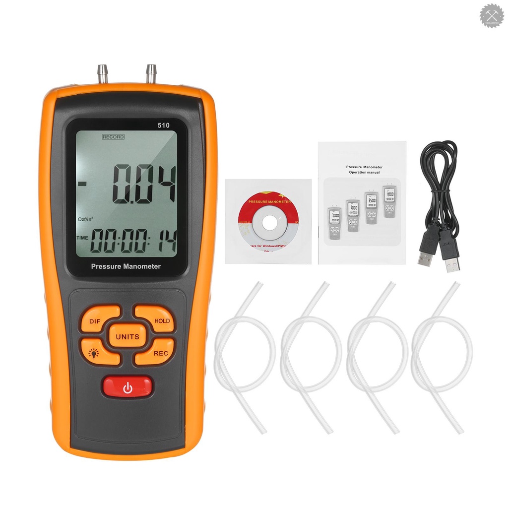 Digital Manometer Air HVAC Gas Pressure Meter & Manometer Dual Port Differential Pressure Gauge Tester with Backlit LCD Display and Testing Probe 