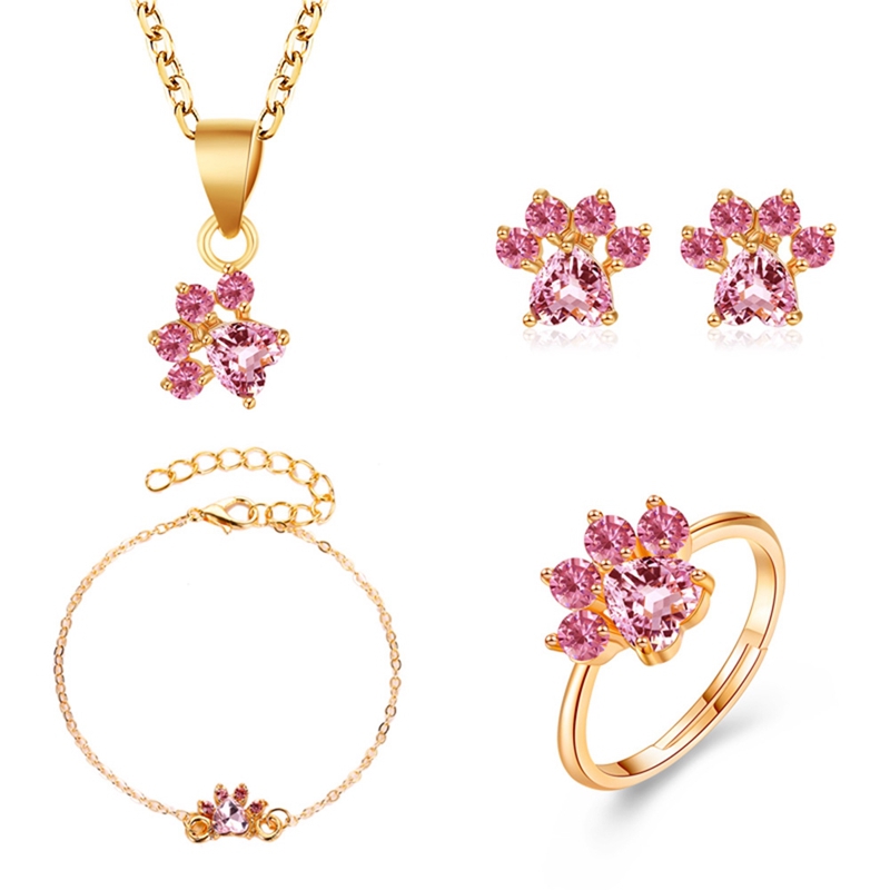 Set Perhiasan Kalung+Gelang Tangan+AntingTusuk+Cincin Telapak Kaki Kucing/Beruang Warna Rose Gold